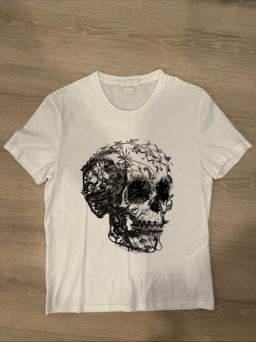 Alexander McQueen White T-Shirt with Black Floral Skull Graphic